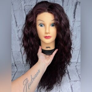 Luxury synthetic free part lace front wig Deep Wine Burgundy Wavy
